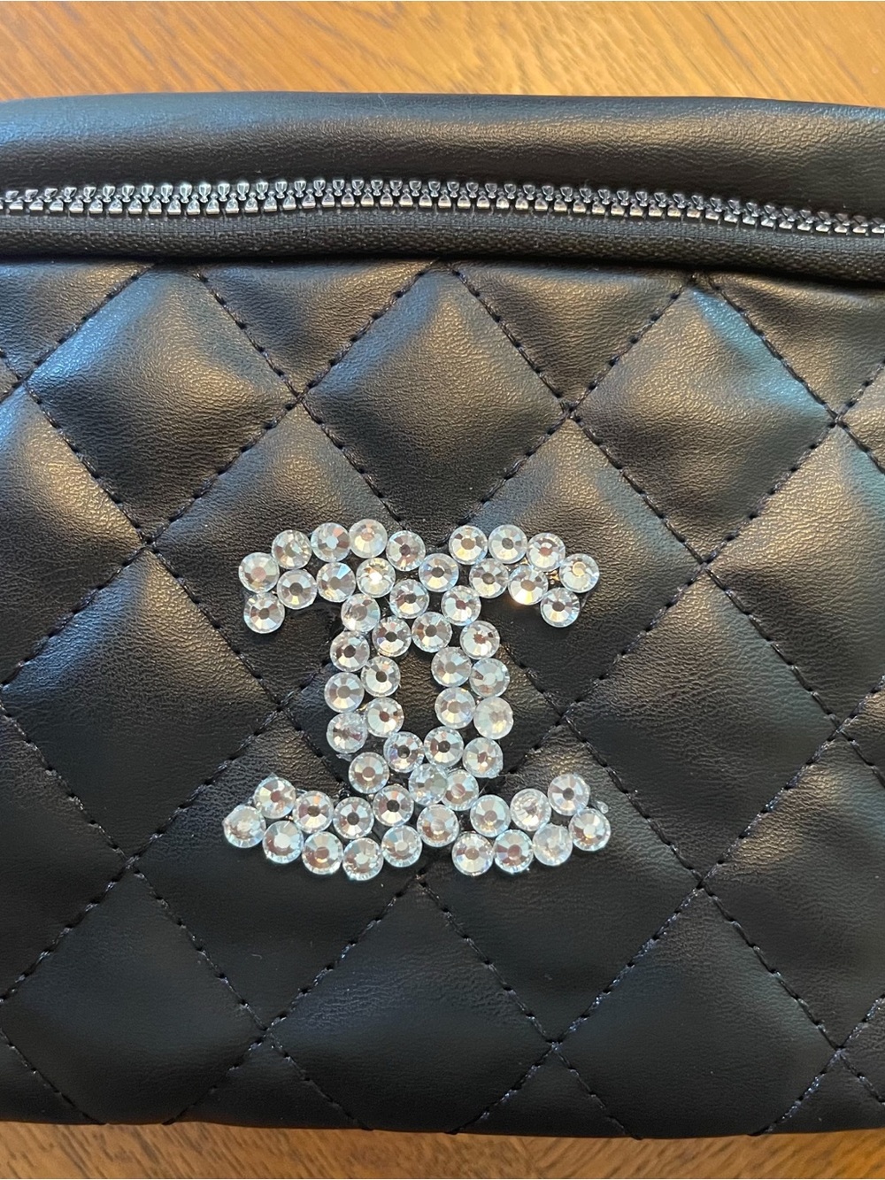 Black Quilted Shoulder Bag with Crystal CC Logo Accent